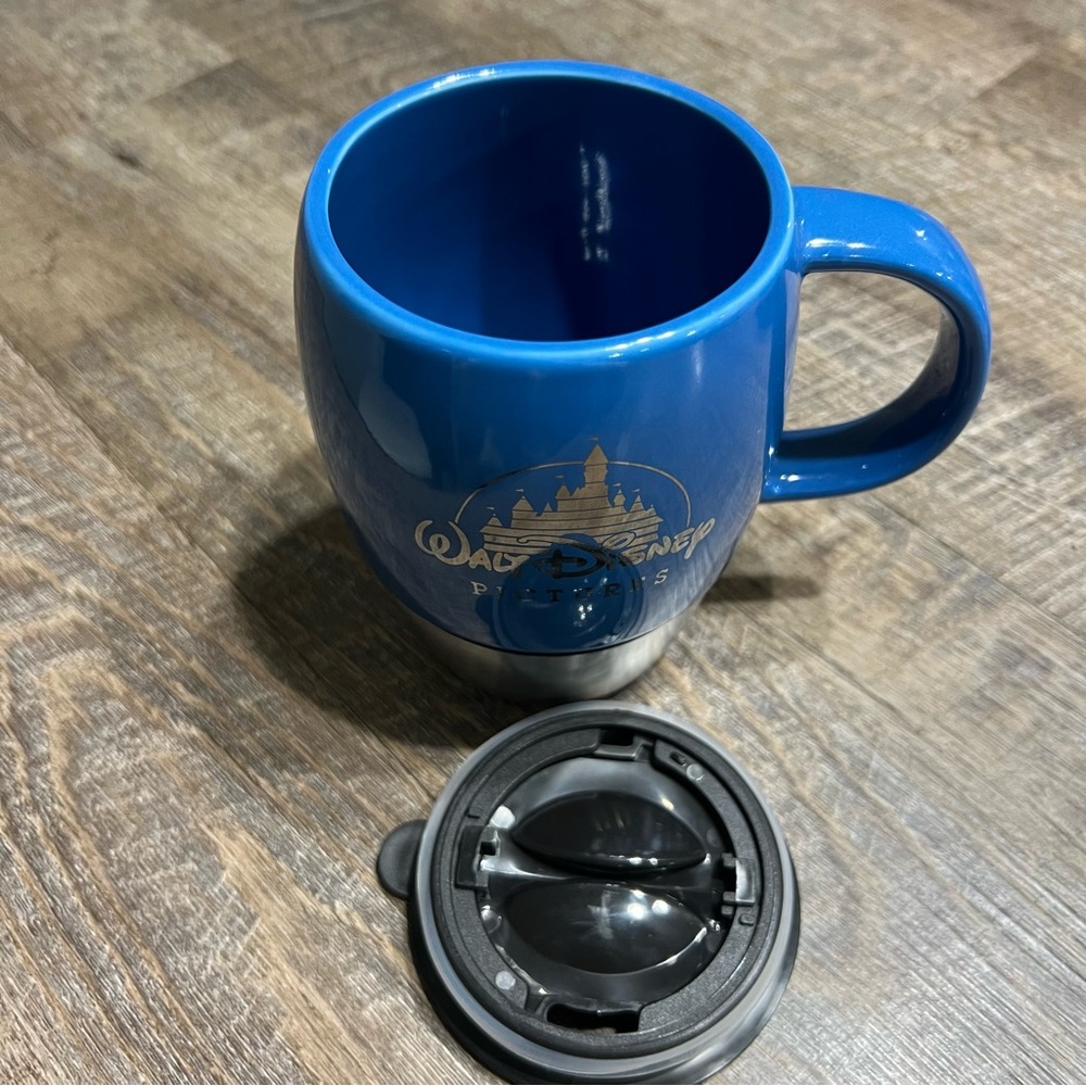 Walt Disney Pictures Blue Ceramic Stainless Steel Coffee Cup Mug w/ Lid Set Of 2 - Picture 2 of 5
